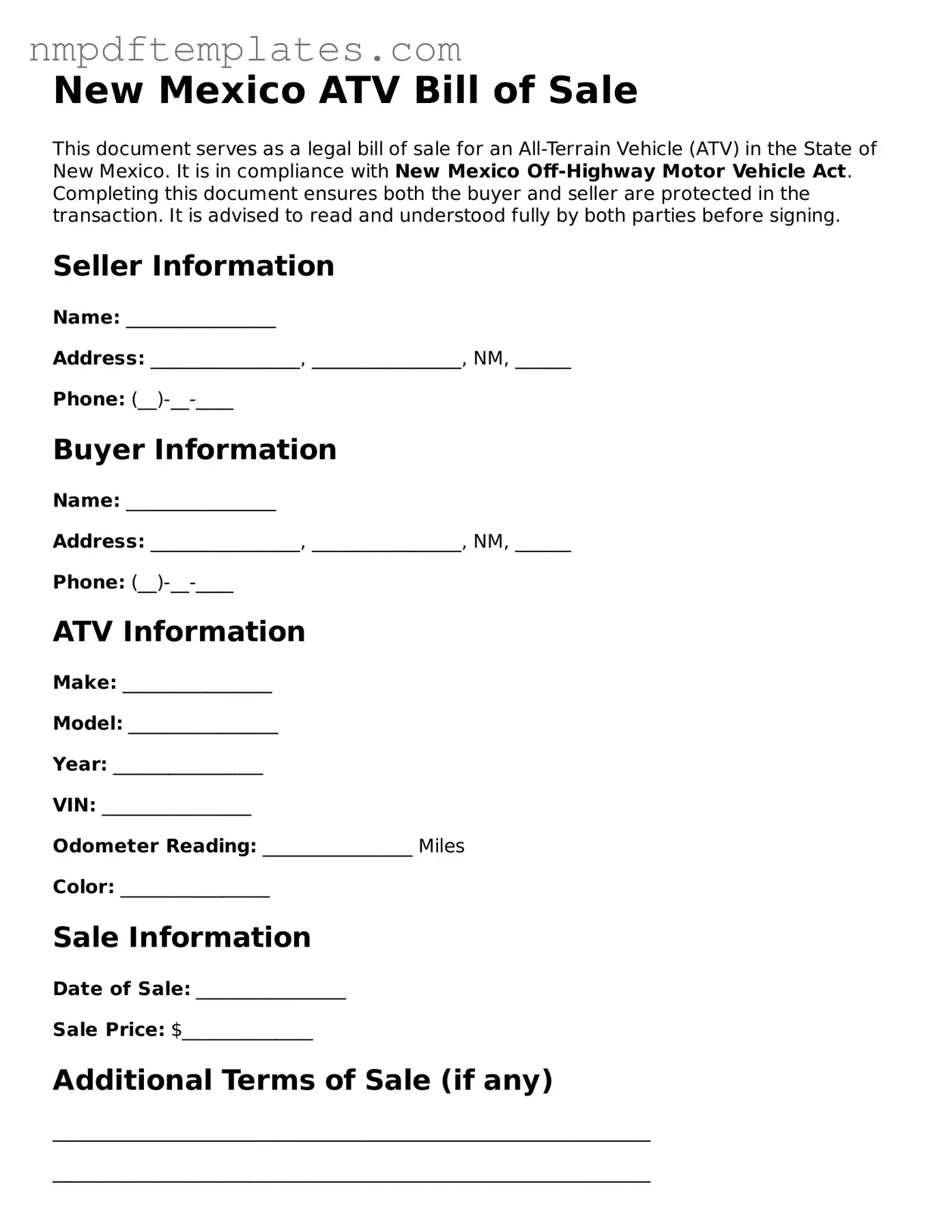 Free New Mexico ATV Bill of Sale Form