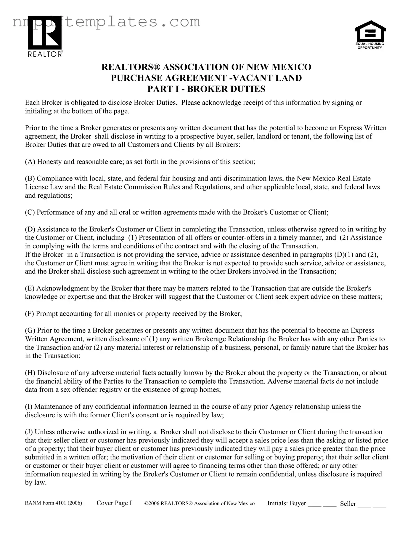 Official New Mexico Agreement Land Template
