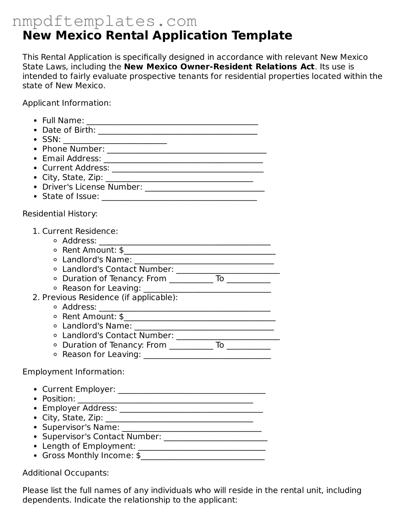Free New Mexico Rental Application Form