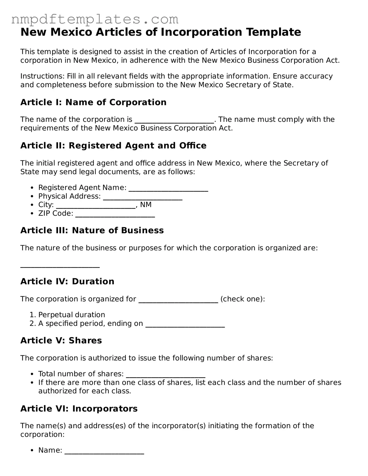 Free New Mexico Articles of Incorporation Form