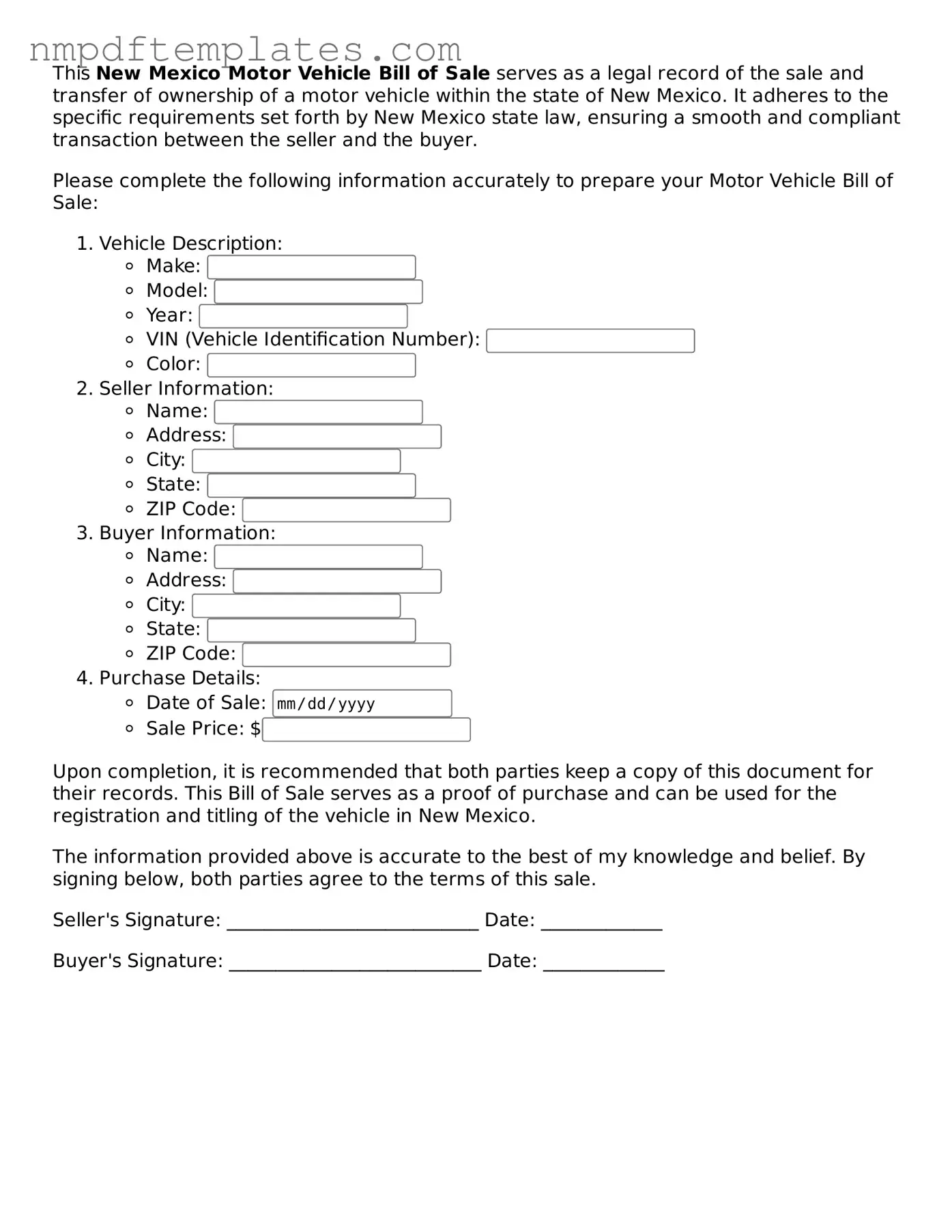 Free New Mexico Motor Vehicle Bill of Sale Form