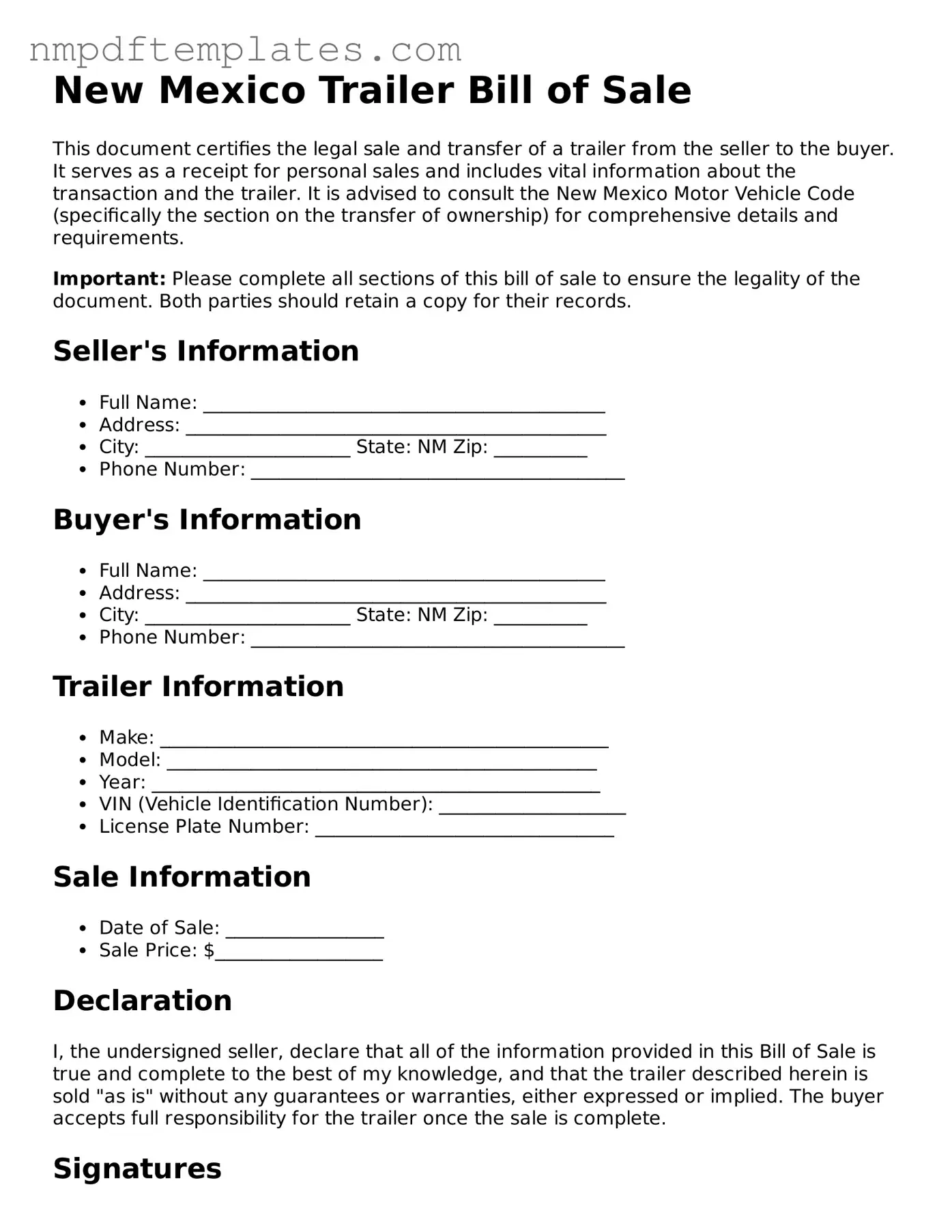 Free New Mexico Trailer Bill of Sale Form