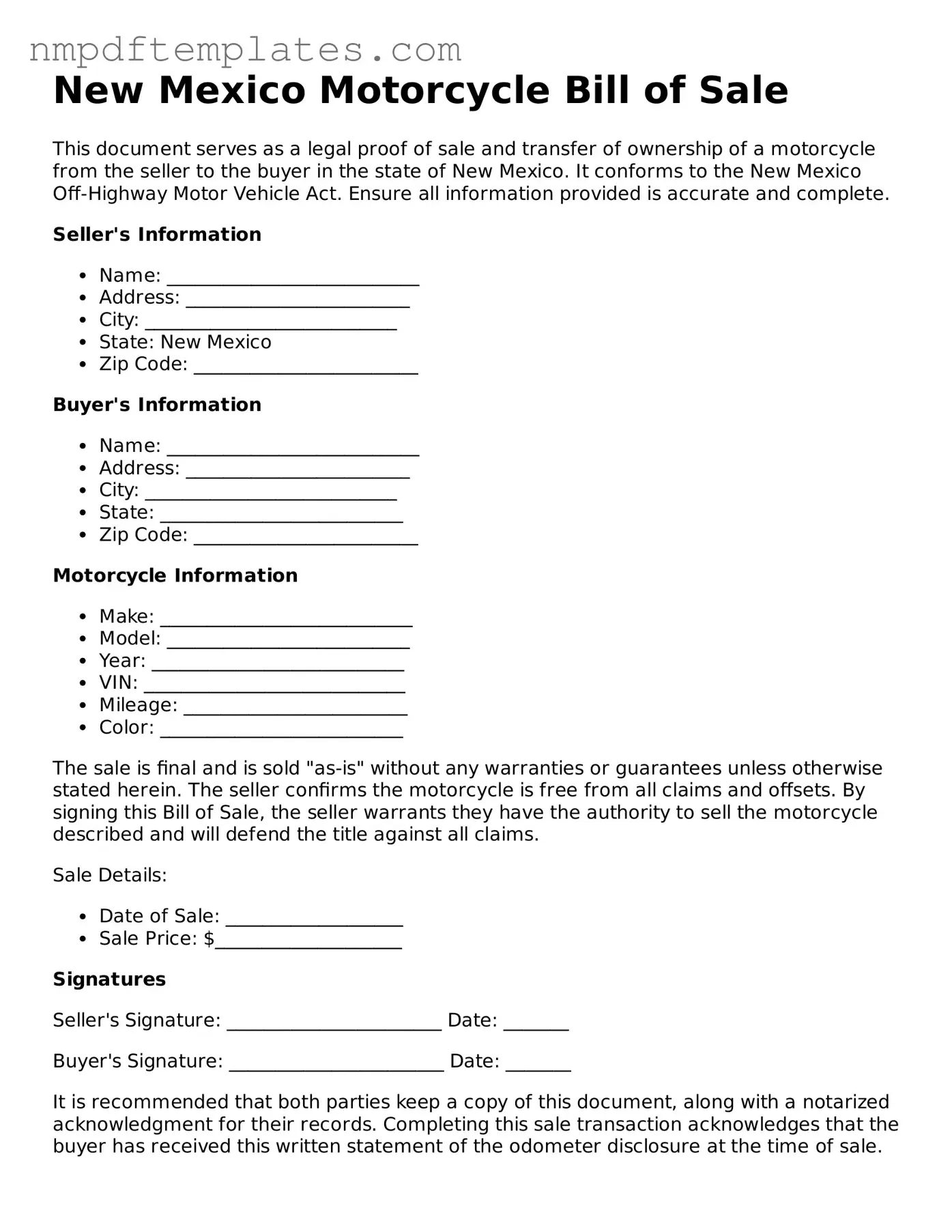 Free New Mexico Motorcycle Bill of Sale Form