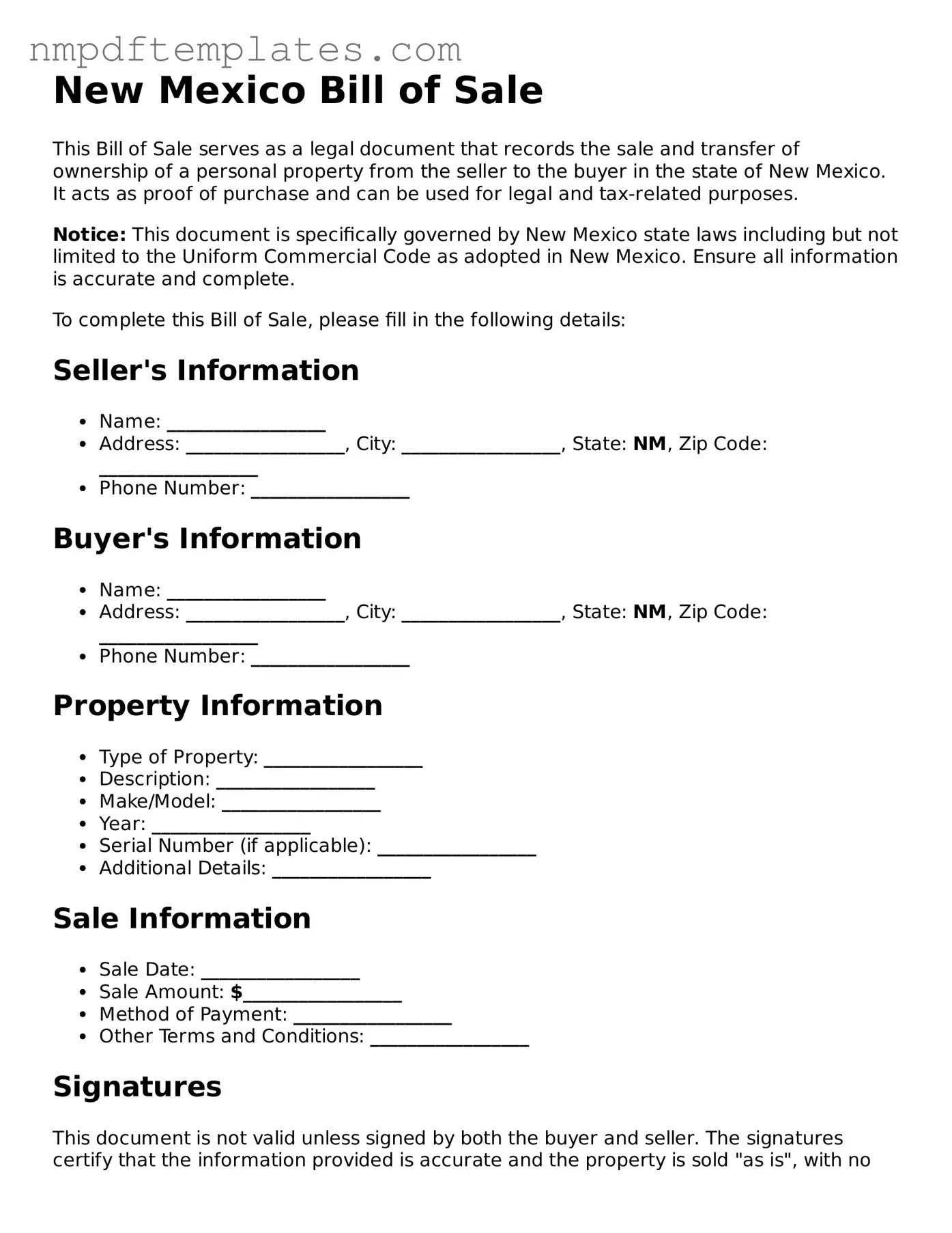 Free New Mexico Bill of Sale Form