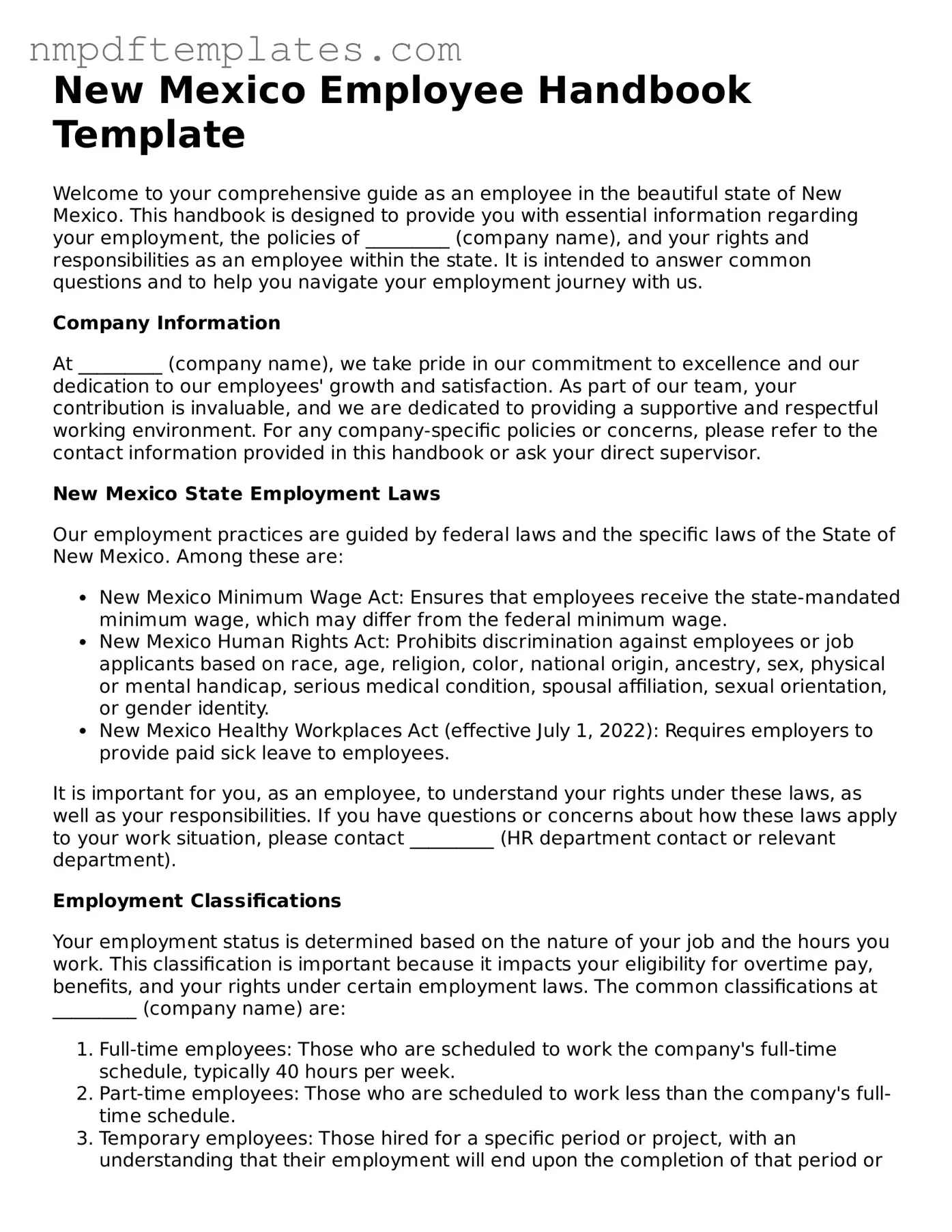 Free New Mexico Employee Handbook Form