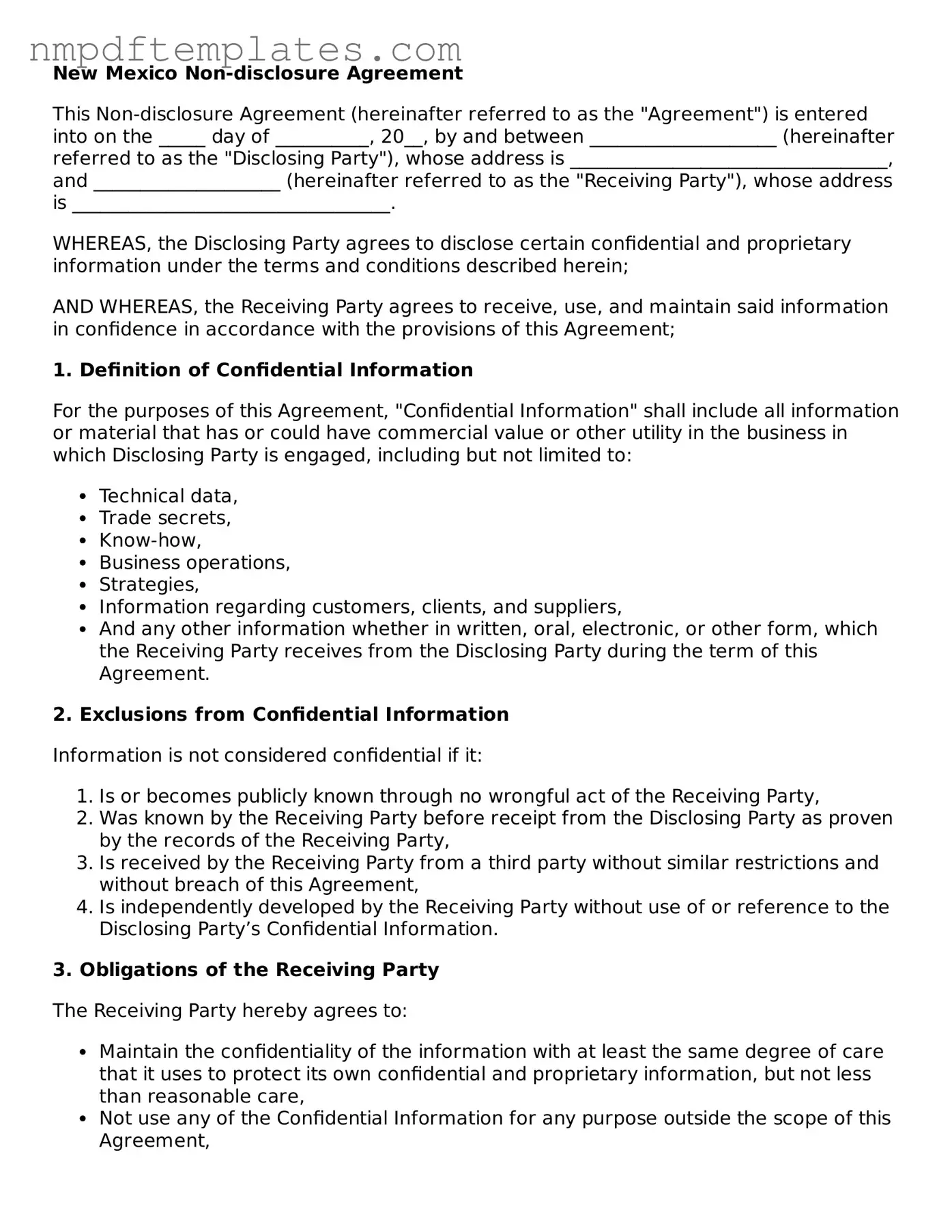 Free New Mexico Non-disclosure Agreement Form