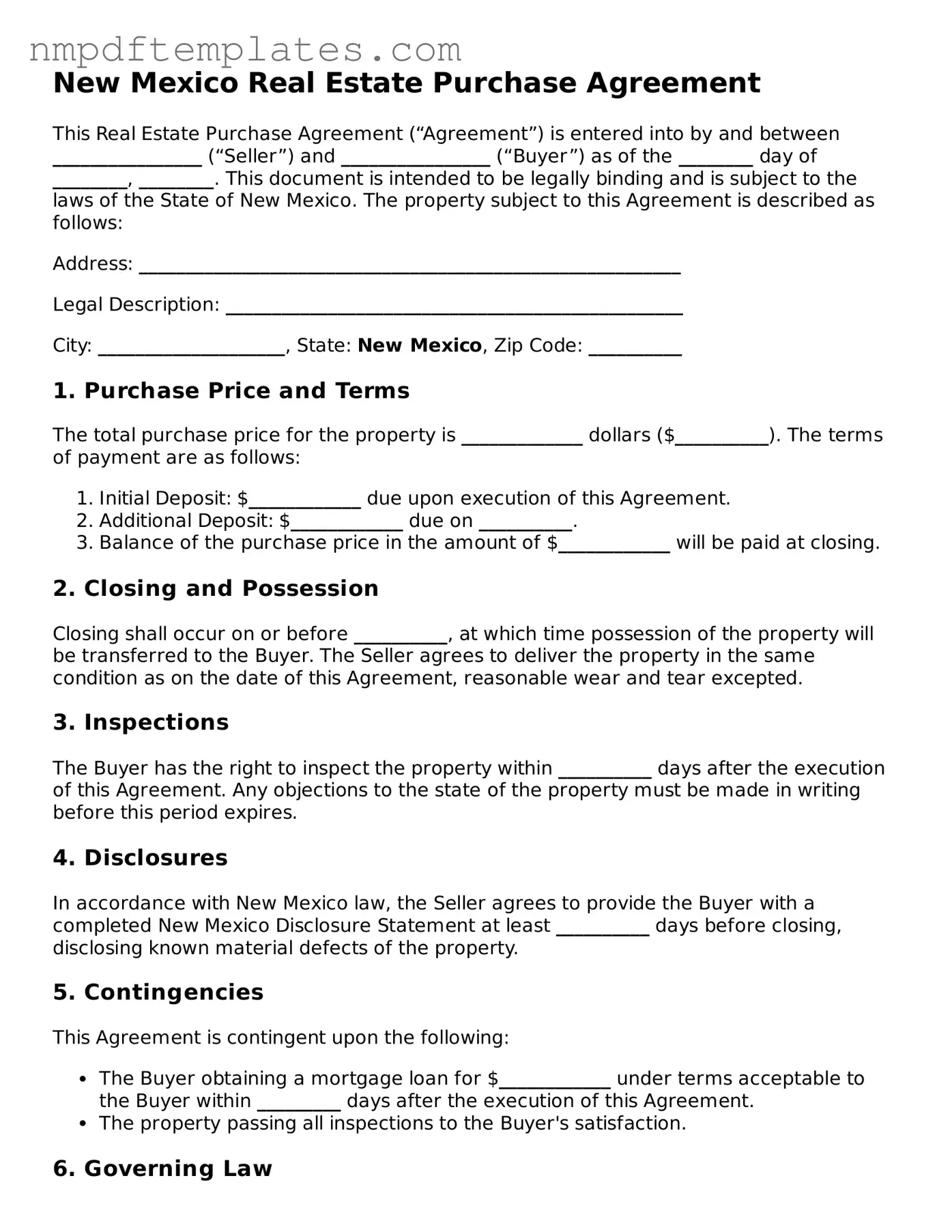 Free New Mexico Real Estate Purchase Agreement Form