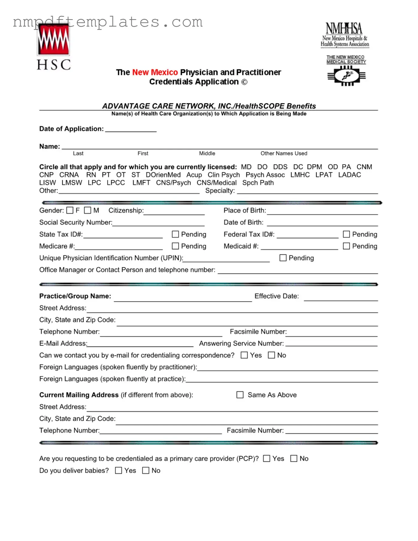 Official New Mexico Credentialing Application Template