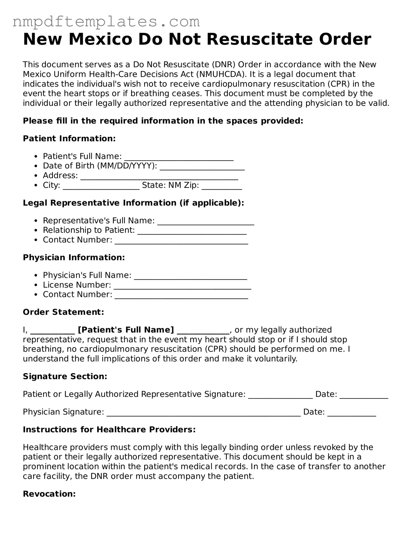 Free New Mexico Do Not Resuscitate Order Form