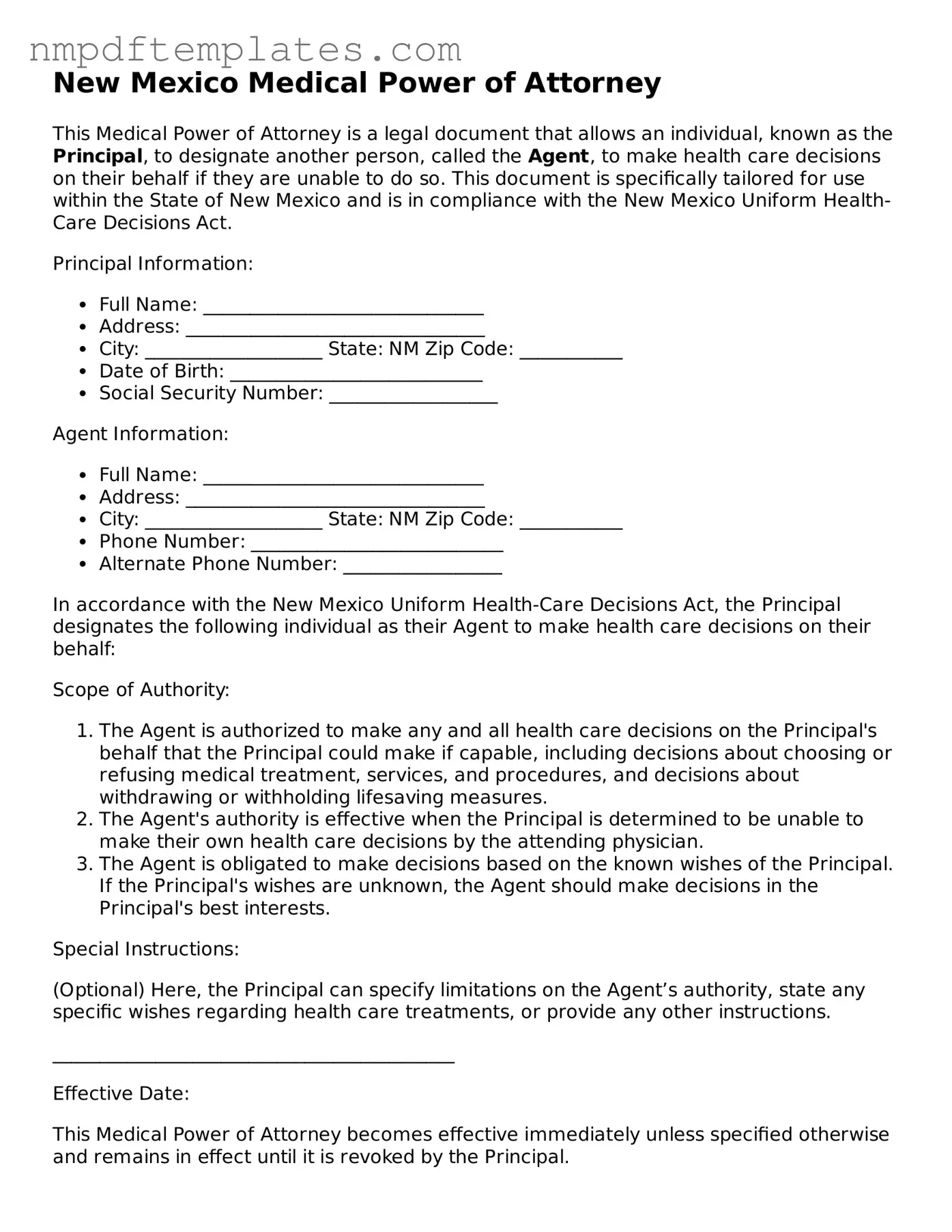 Free New Mexico Medical Power of Attorney Form