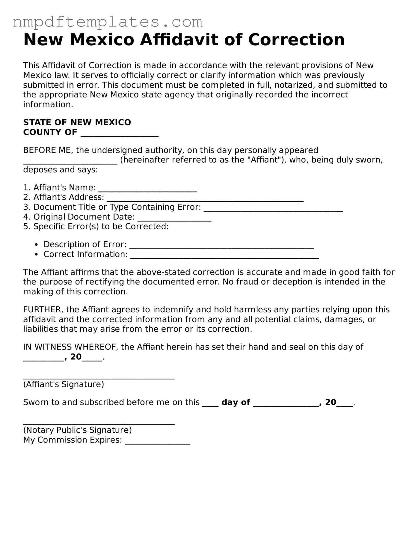 Free New Mexico Affidavit of Correction Form