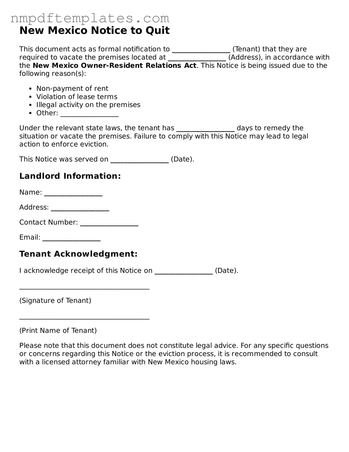 Free New Mexico Notice to Quit Form