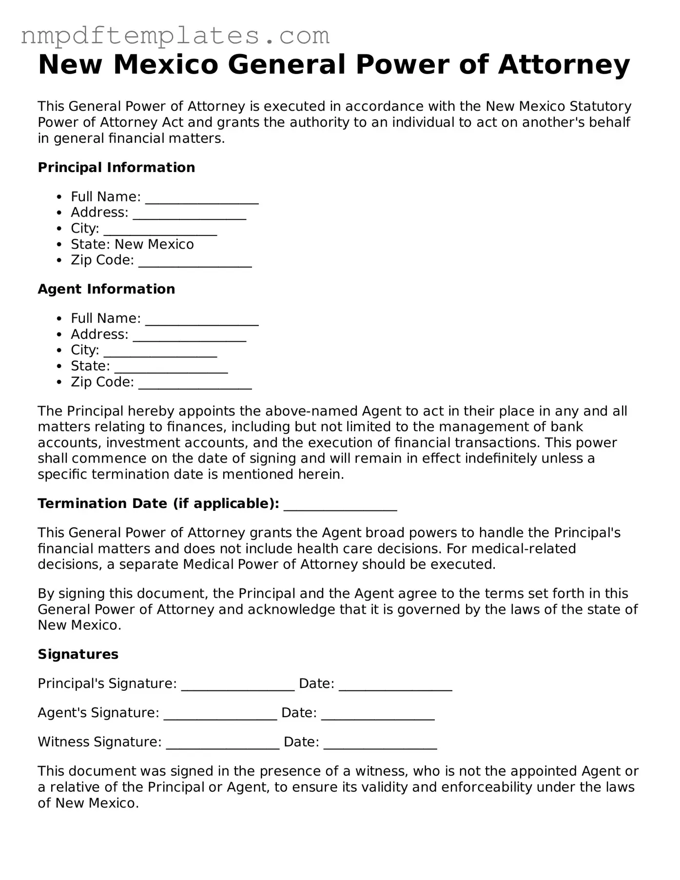 Free New Mexico General Power of Attorney Form