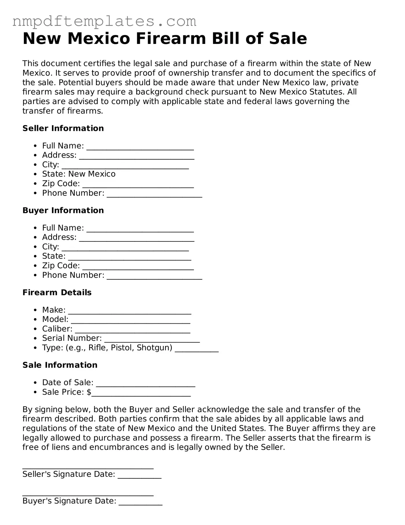 Free New Mexico Firearm Bill of Sale Form