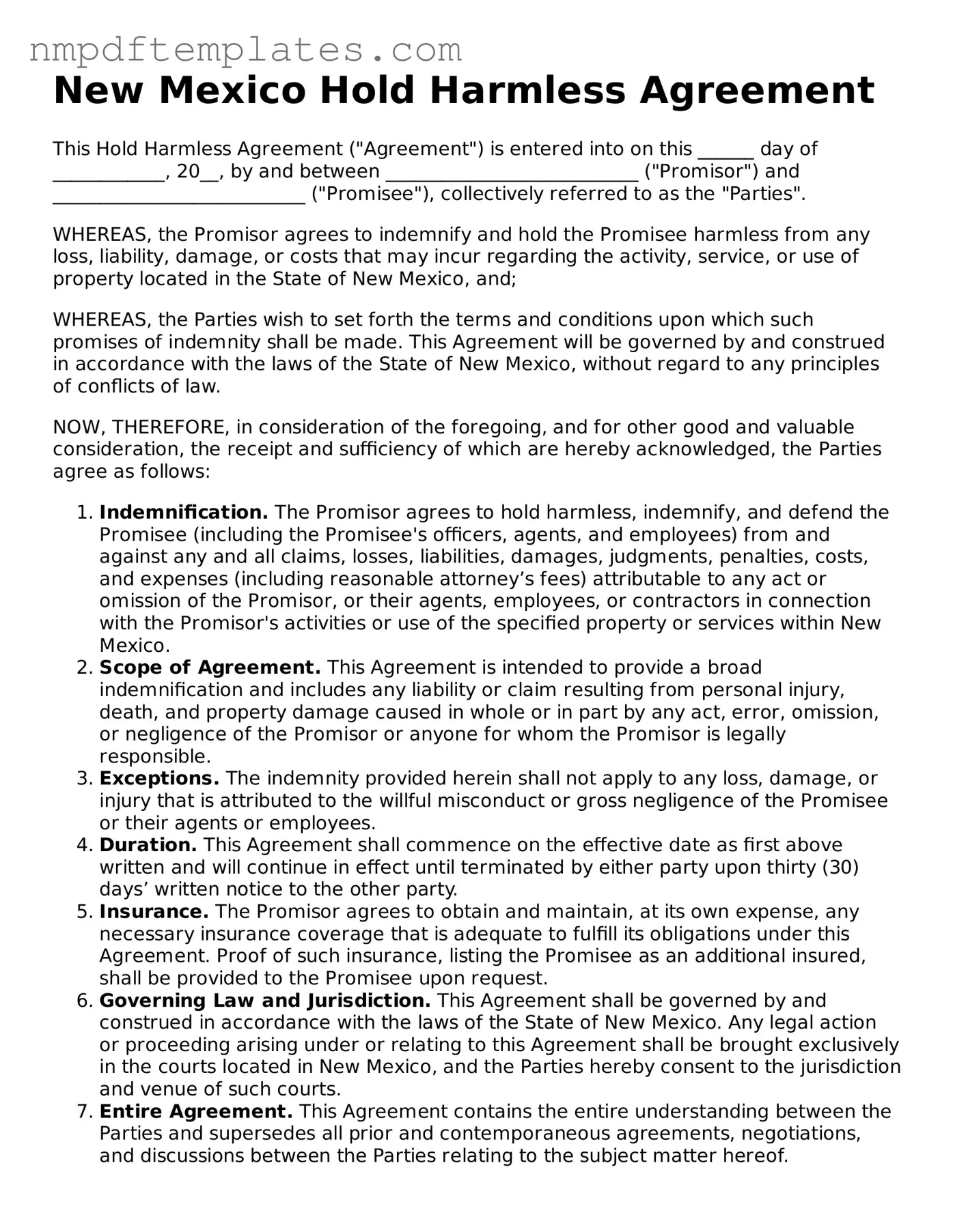Free New Mexico Hold Harmless Agreement Form