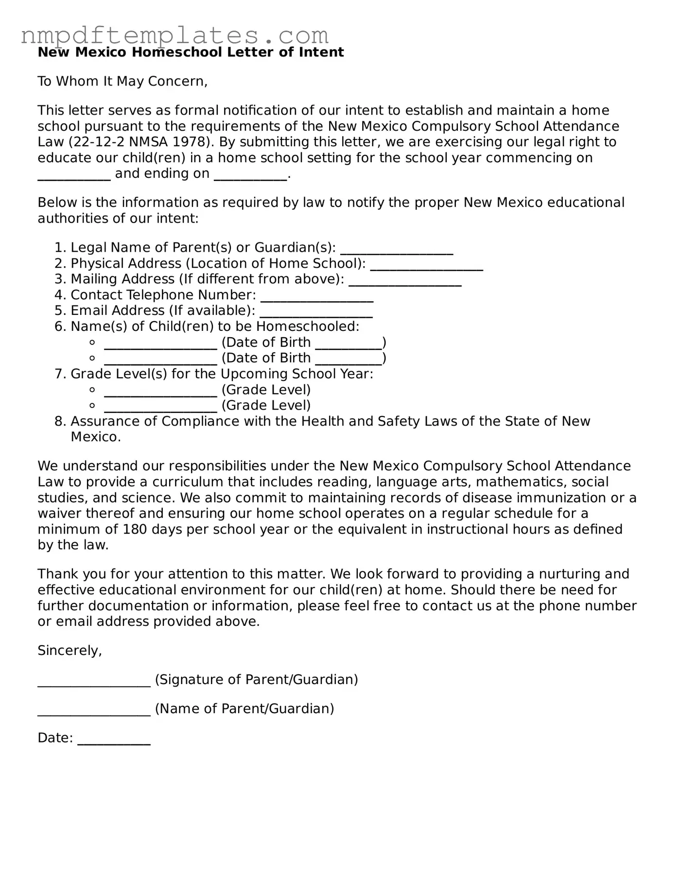 Free New Mexico Homeschool Letter of Intent Form