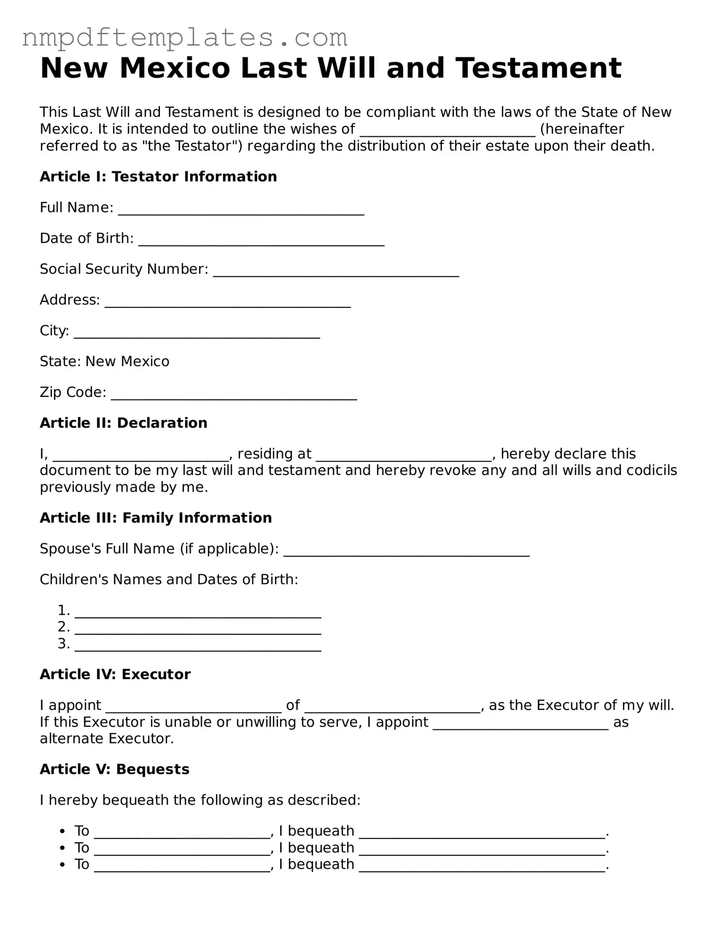 Free New Mexico Last Will and Testament Form