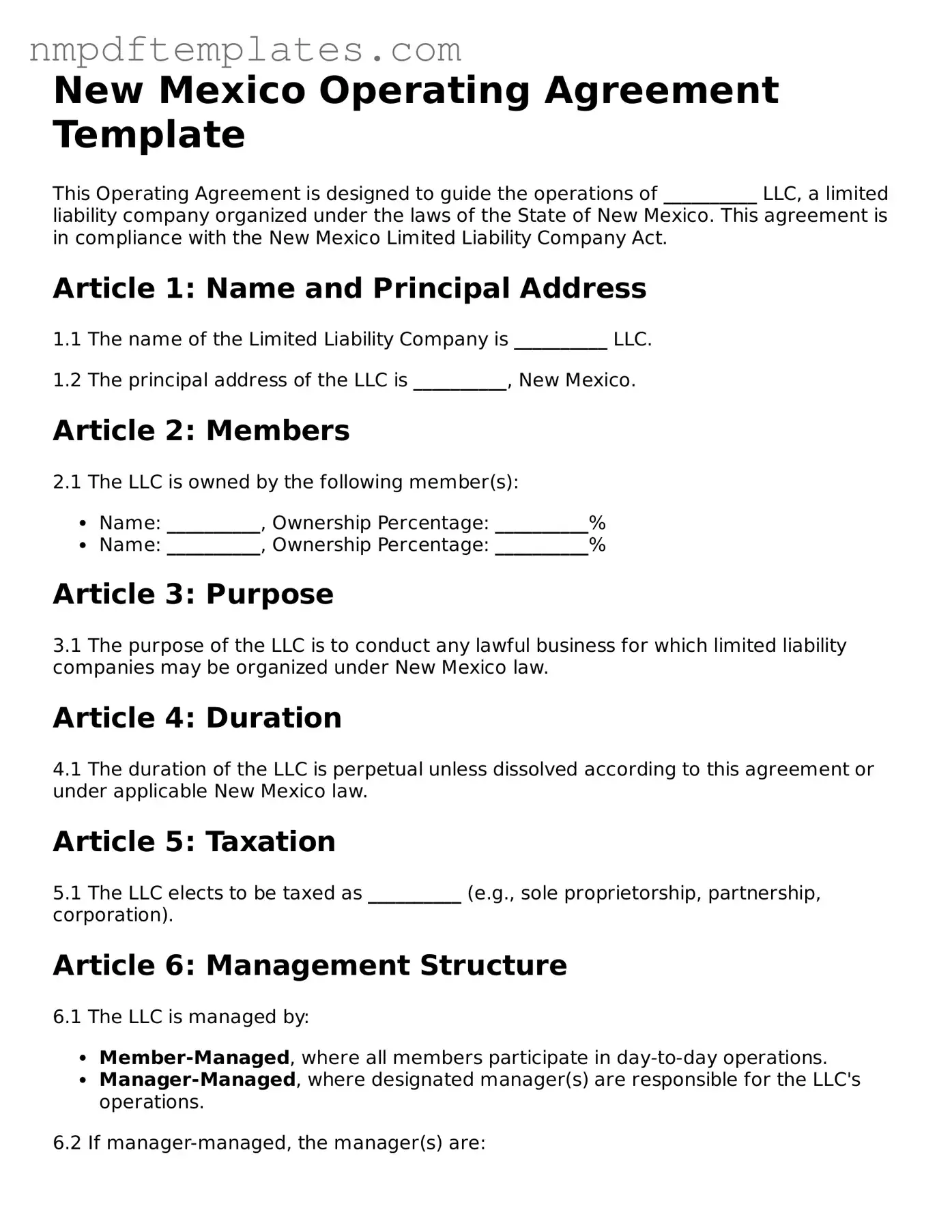 Free New Mexico Operating Agreement Form