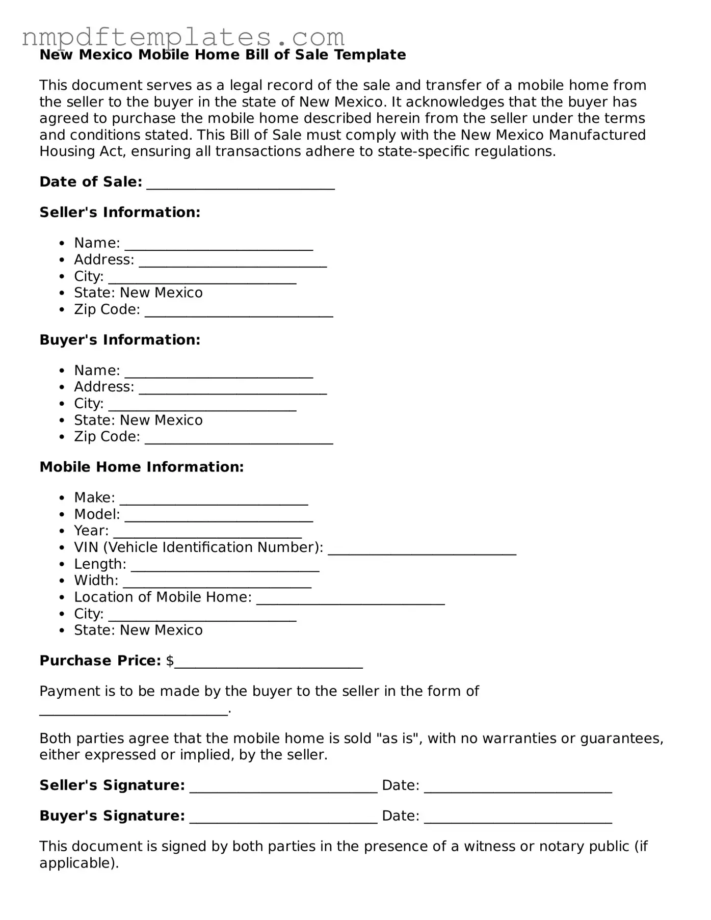 Free New Mexico Mobile Home Bill of Sale Form