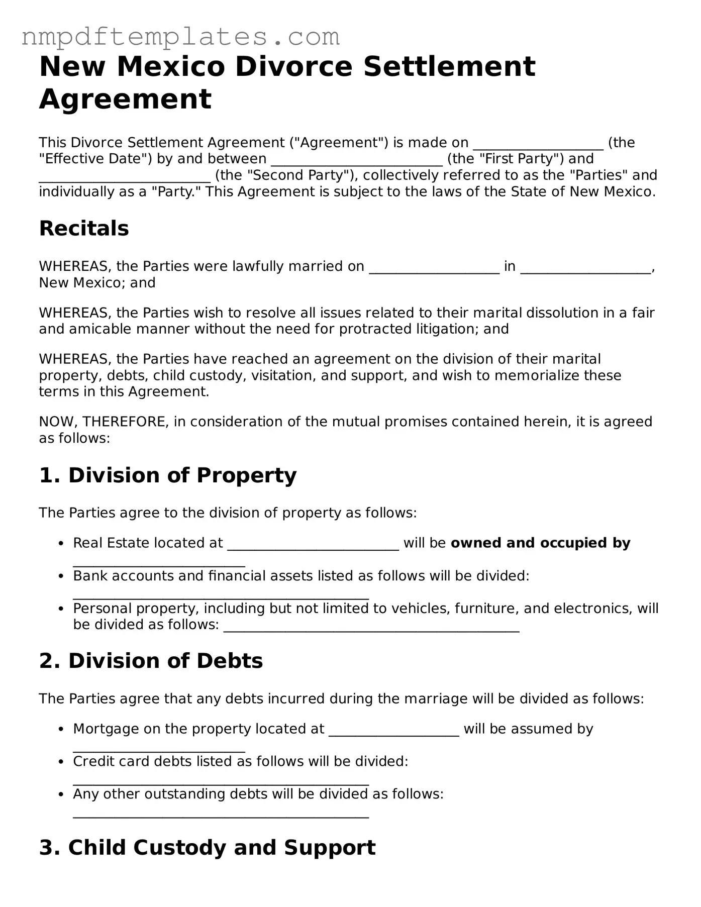 Free New Mexico Divorce Settlement Agreement Form