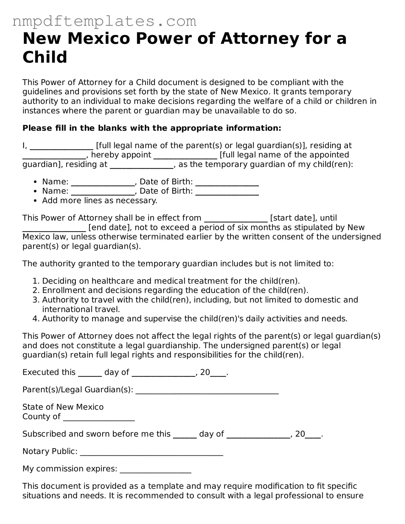 Free New Mexico Power of Attorney for a Child Form