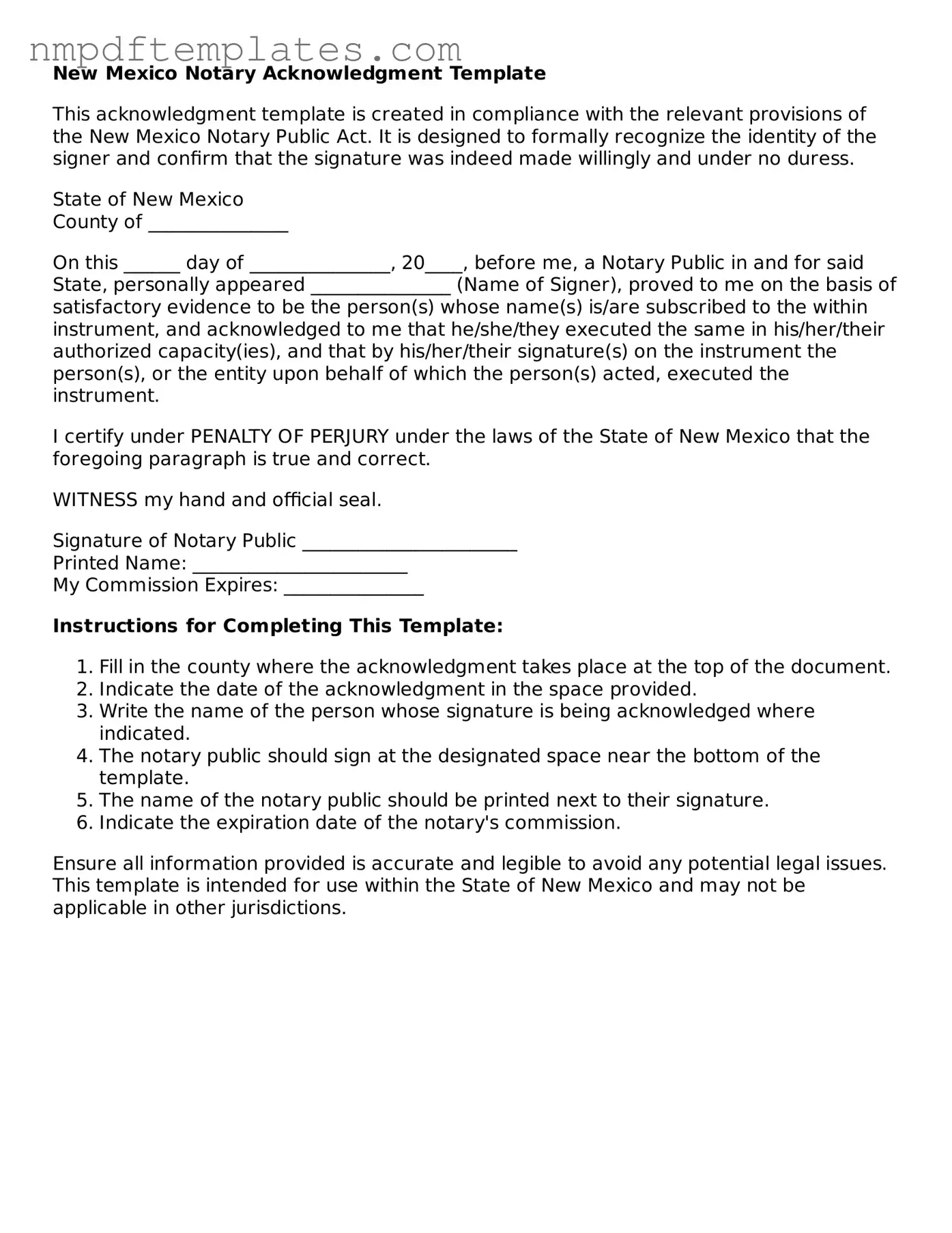 Free New Mexico Notary Acknowledgement Form