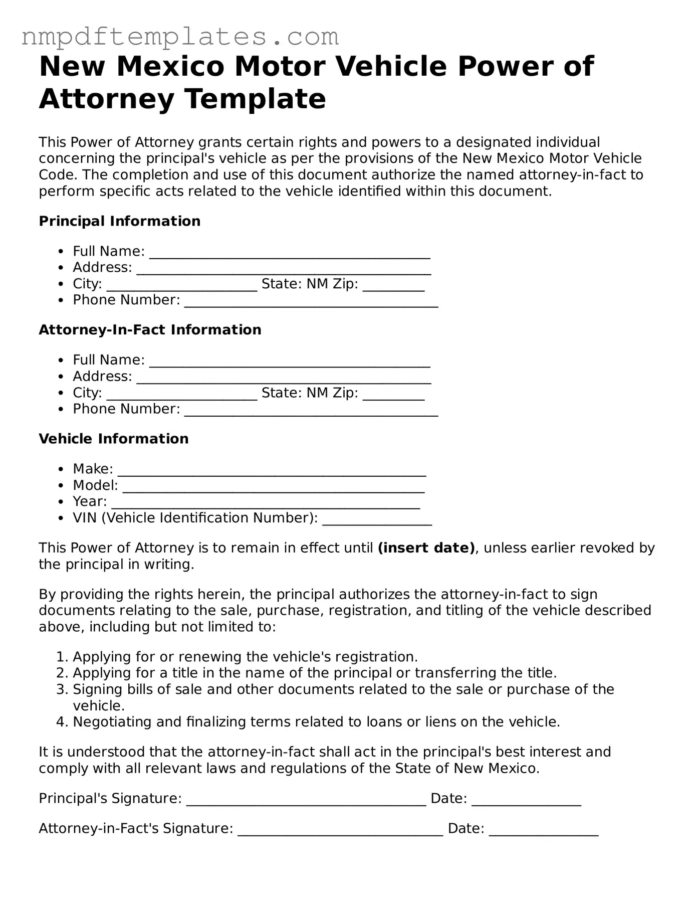 Free New Mexico Motor Vehicle Power of Attorney Form