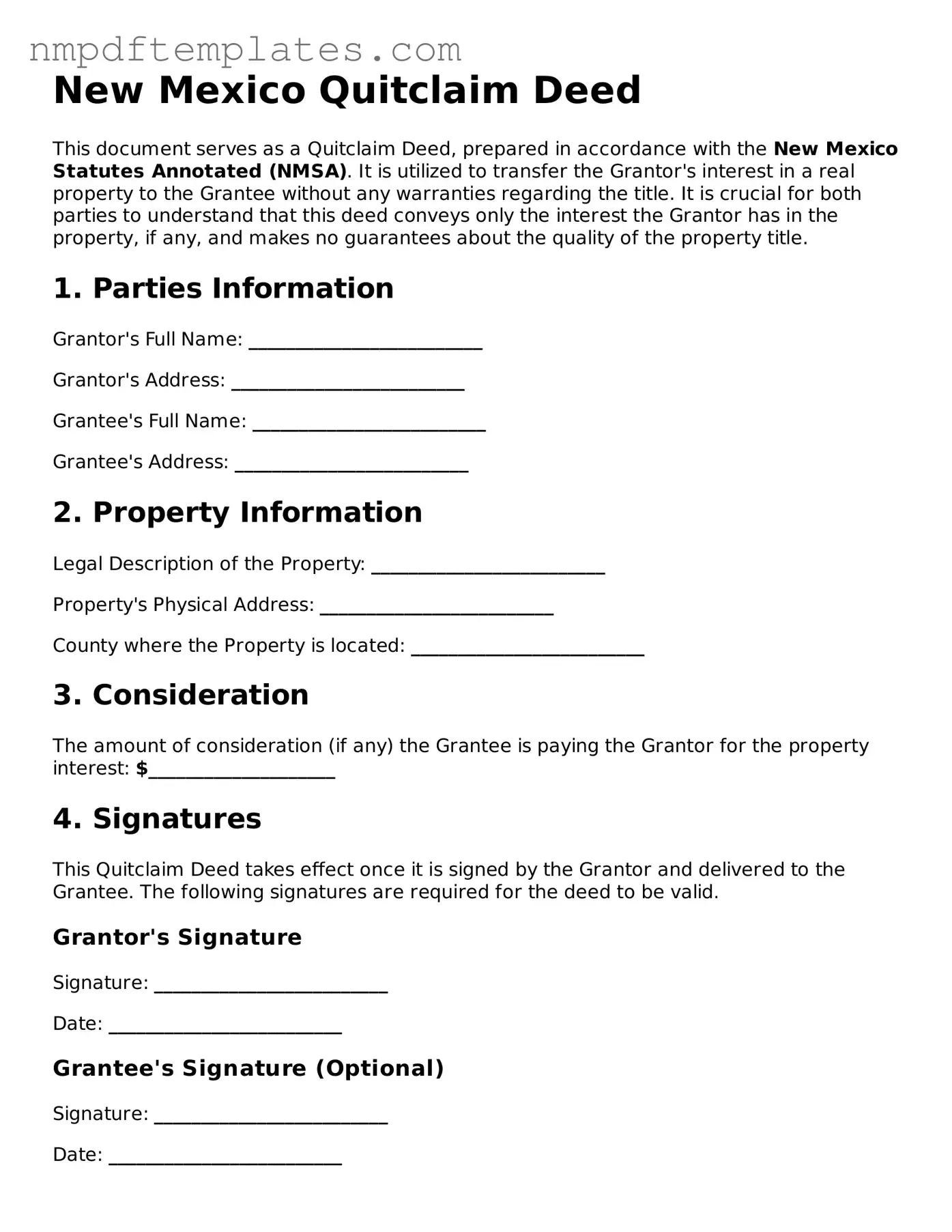 Free New Mexico Quitclaim Deed Form