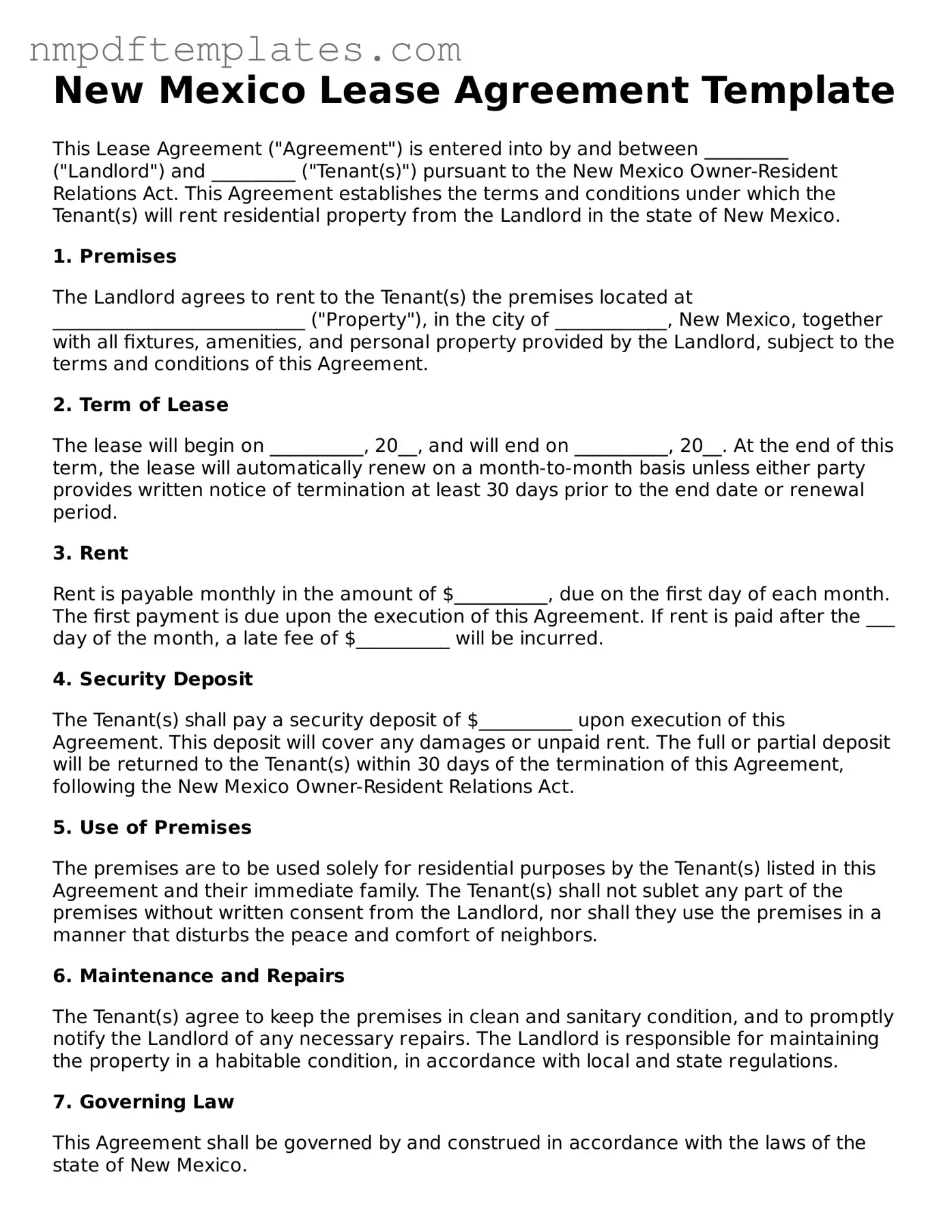 Free New Mexico Lease Agreement Form
