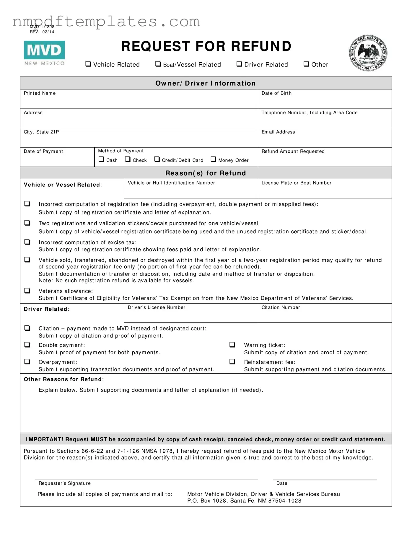 Official New Mexico Request For Refund Template