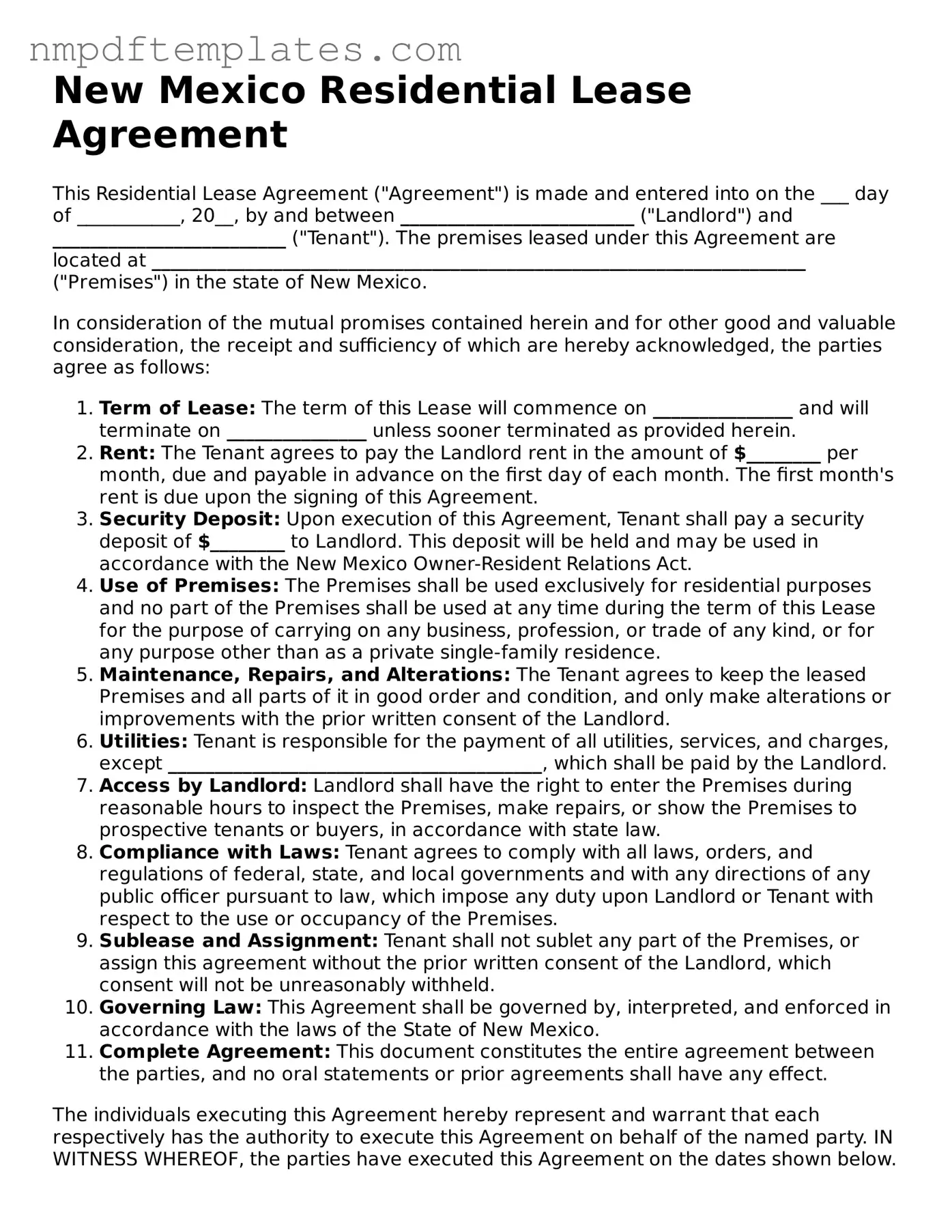 Free New Mexico Residential Lease Agreement Form