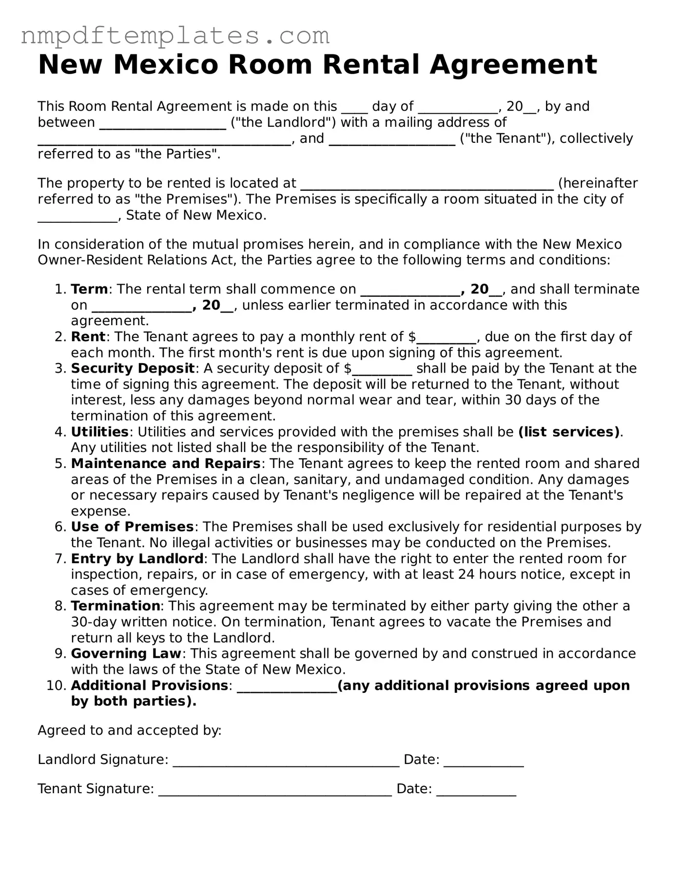 Free New Mexico Room Rental Agreement Form