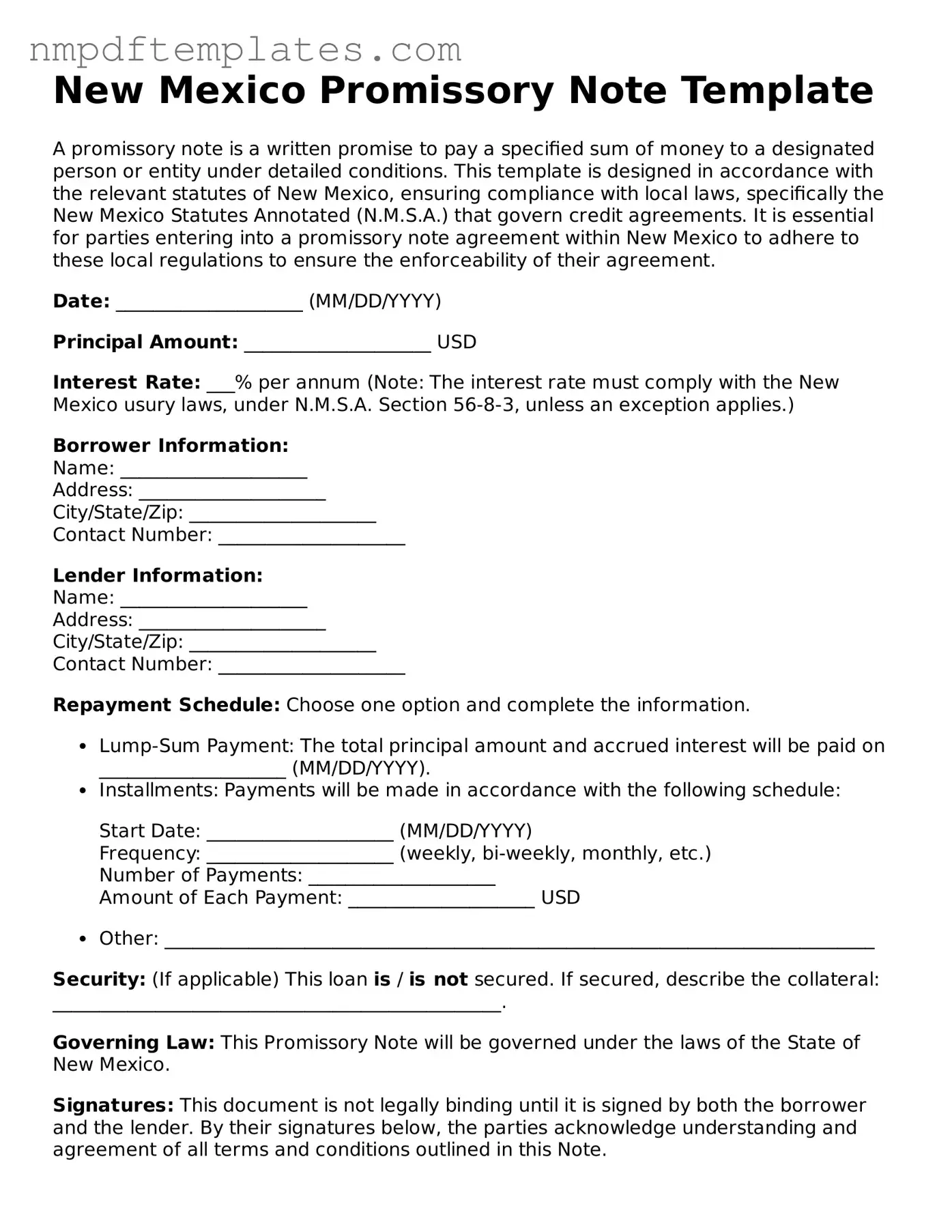 Free New Mexico Promissory Note Form