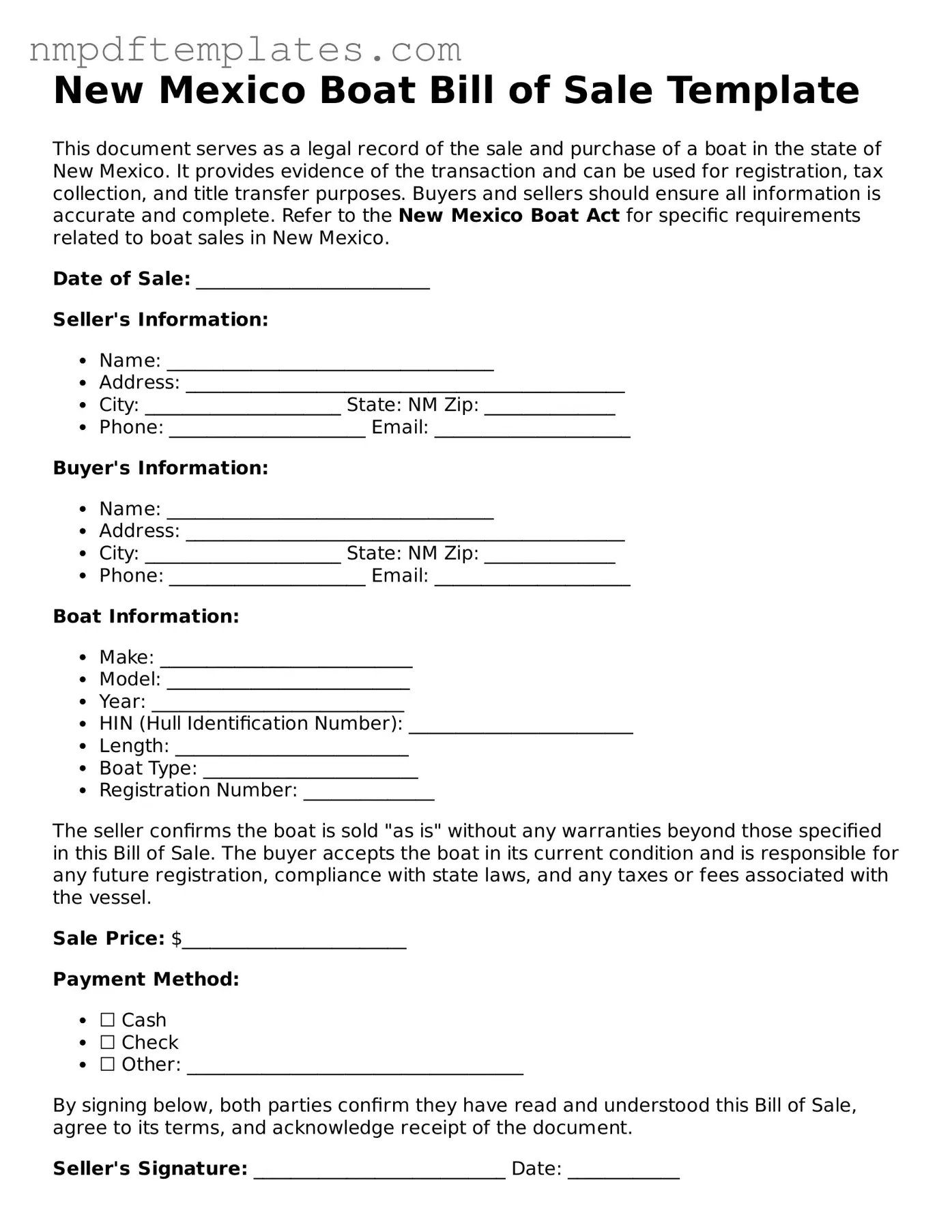 Free New Mexico Boat Bill of Sale Form