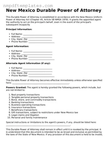 Free New Mexico Durable Power of Attorney Form