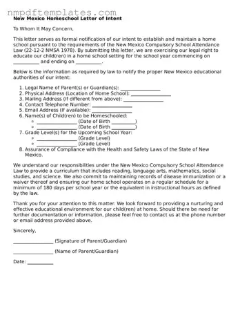 Free New Mexico Homeschool Letter of Intent Form