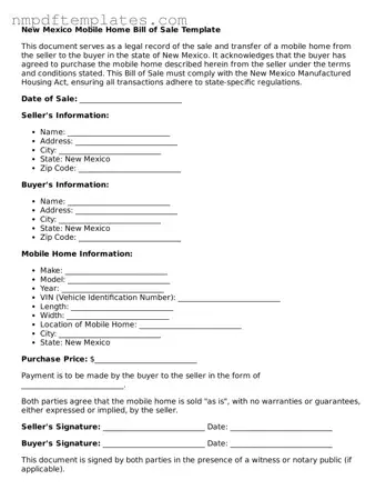 Free New Mexico Mobile Home Bill of Sale Form