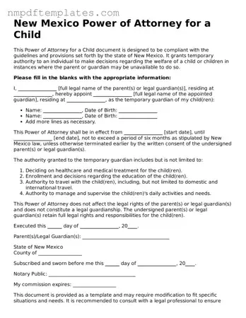 Free New Mexico Power of Attorney for a Child Form
