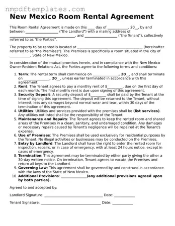 Free New Mexico Room Rental Agreement Form